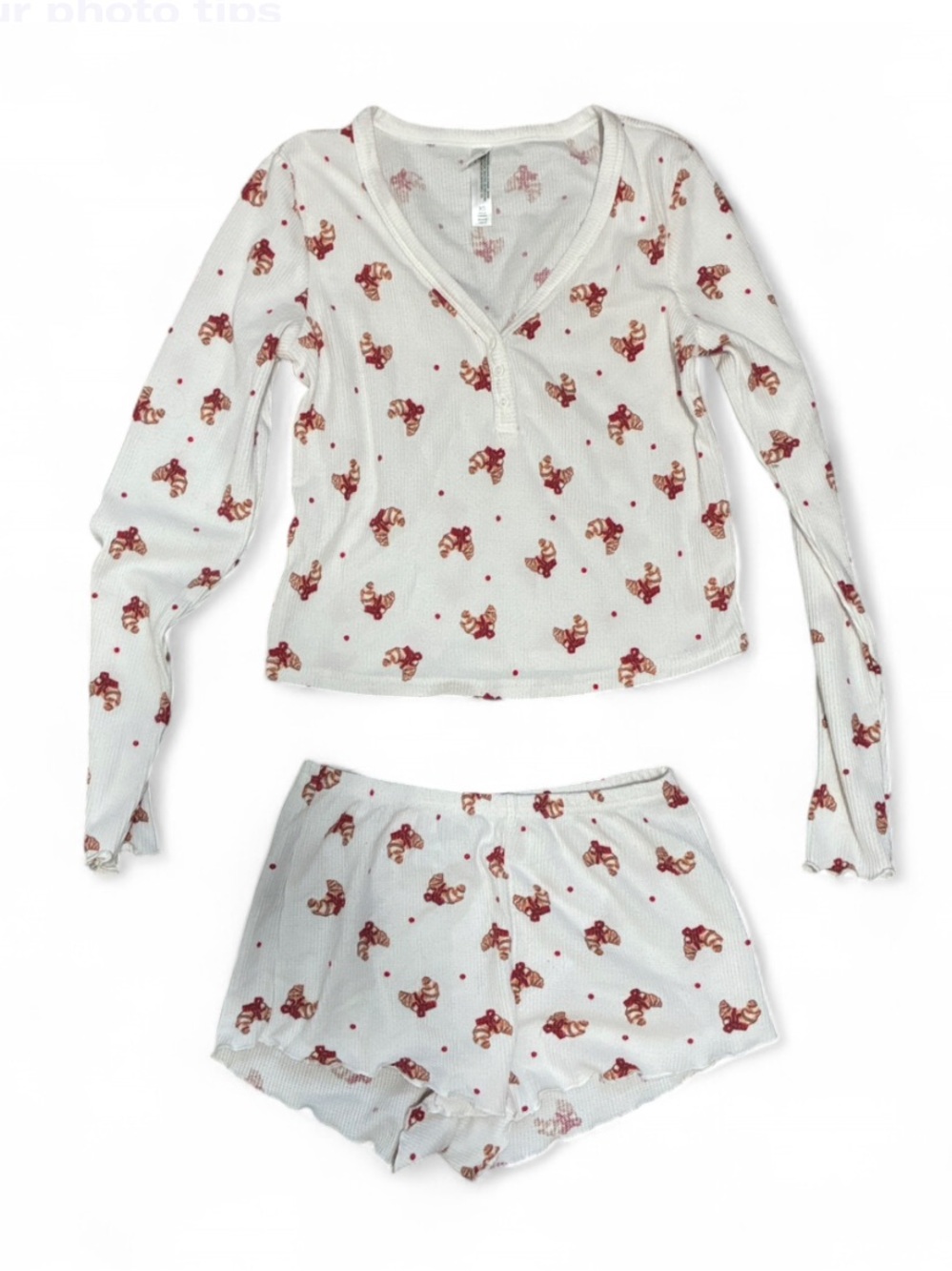 Wild Fable White Long-Sleeve and Short Pajama Set with Croissant Red Bow Print